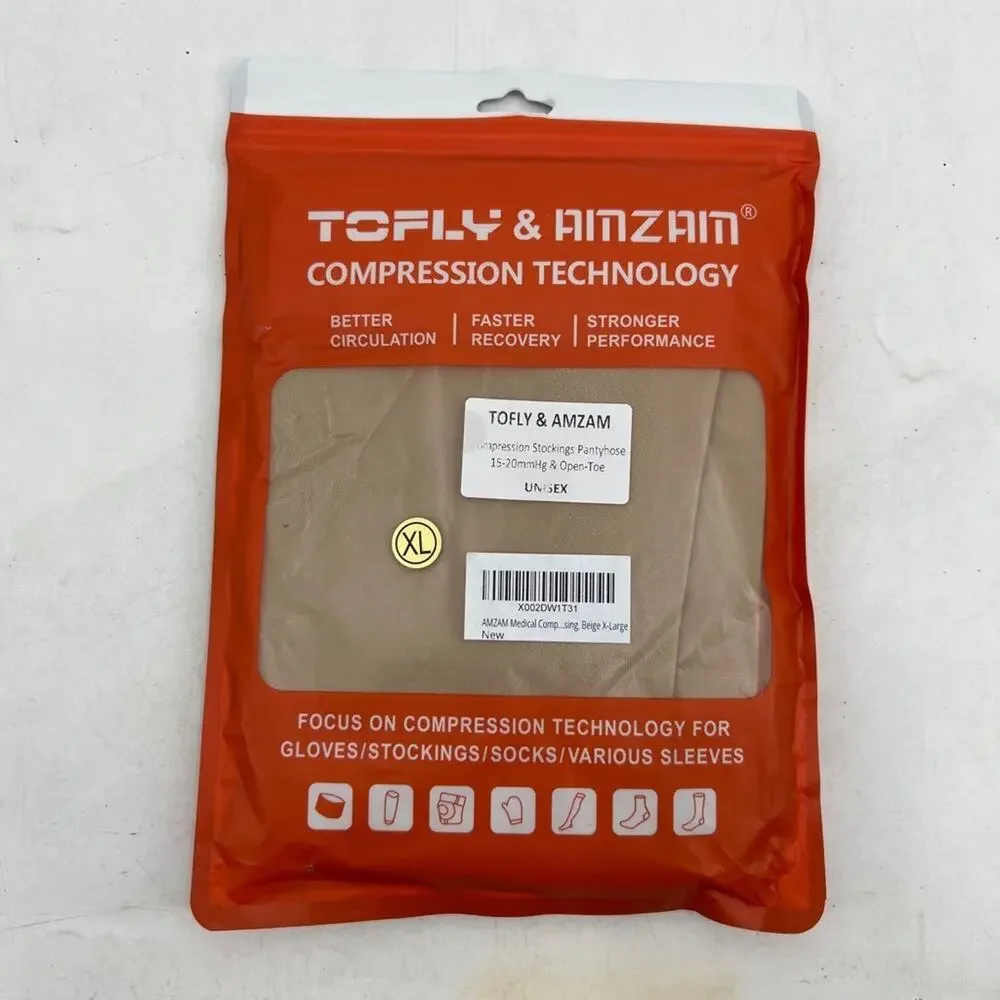 Tofly & Amzam Pantyhose Womens XL Beige Compression Stocking Open Toe Pantyhose